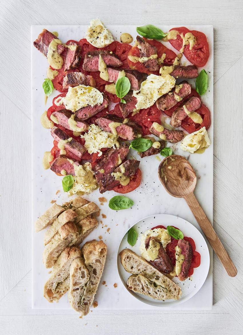 Steak with Burrata, Tomatoes and Mustard Dressing