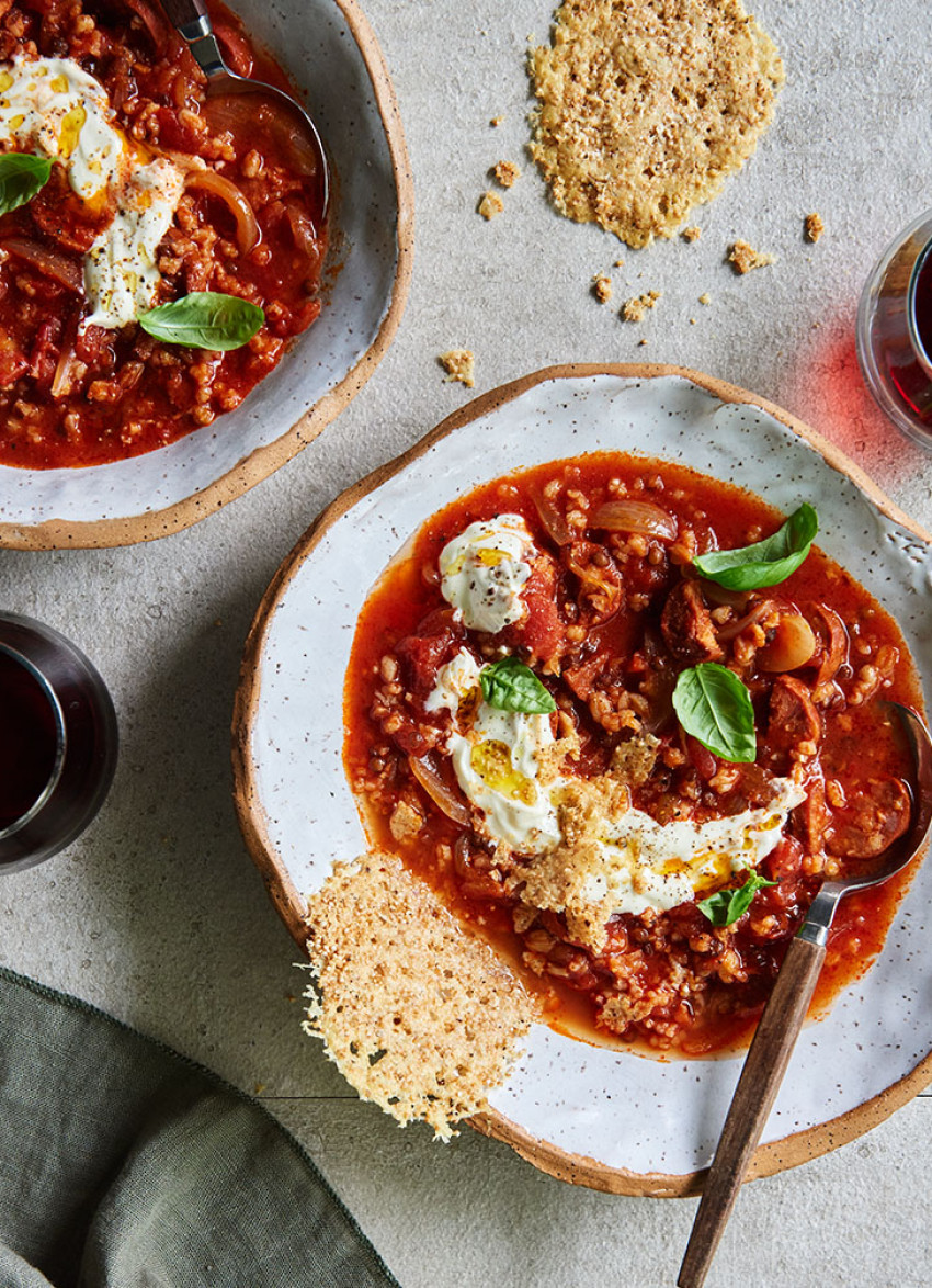 Mixed Grains, Tomato and Chorizo Soup