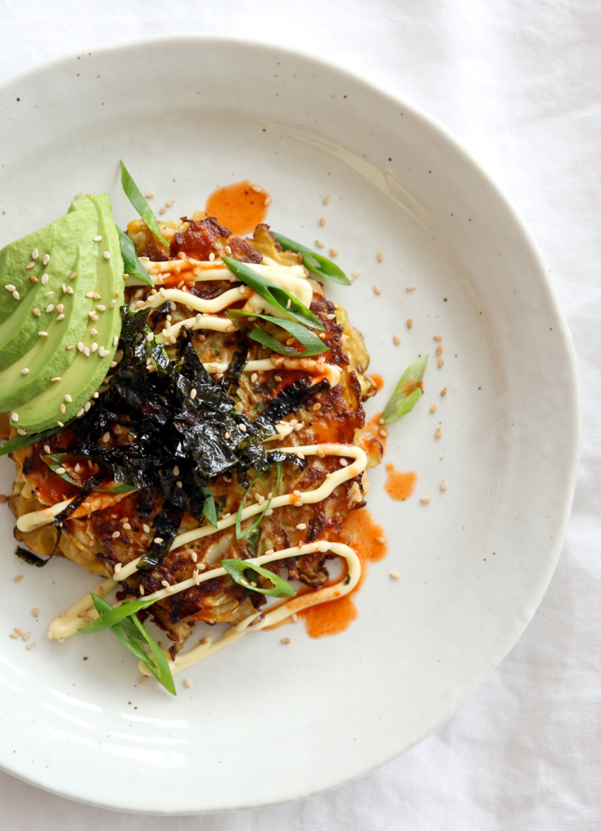 Vegetarian Okonomiyaki with Avocado and Chilli Sauce 