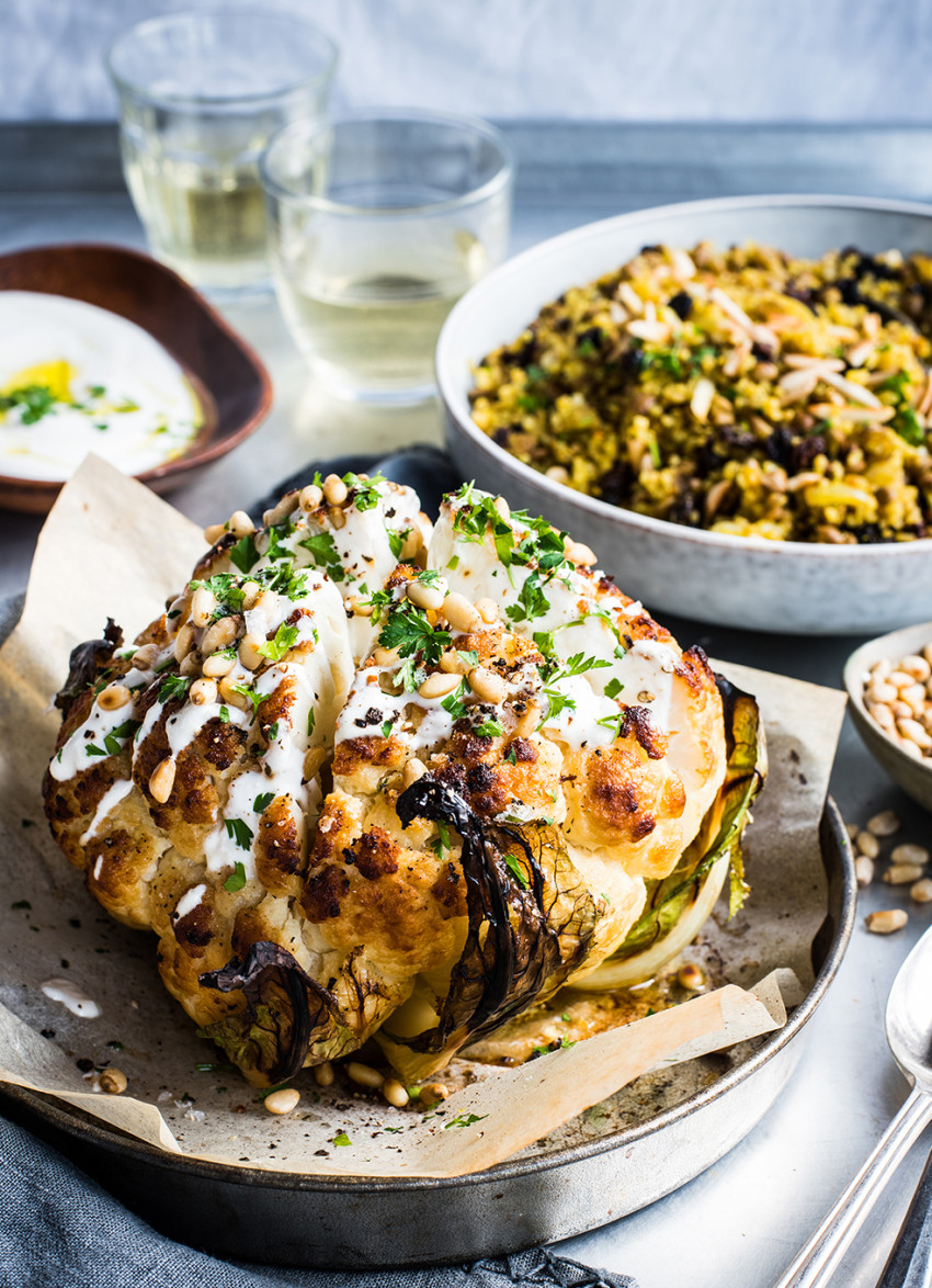 Roasted Cauliflower with Quinoa and Lentil Pilaf