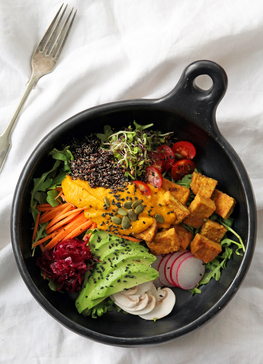 Spring Abundance Bowl with Roasted Carrot, Miso and Ginger Dressing