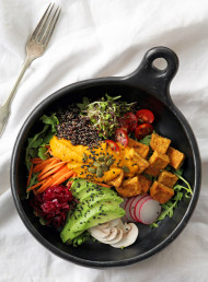 Spring Abundance Bowl with Roasted Carrot, Miso and Ginger Dressing