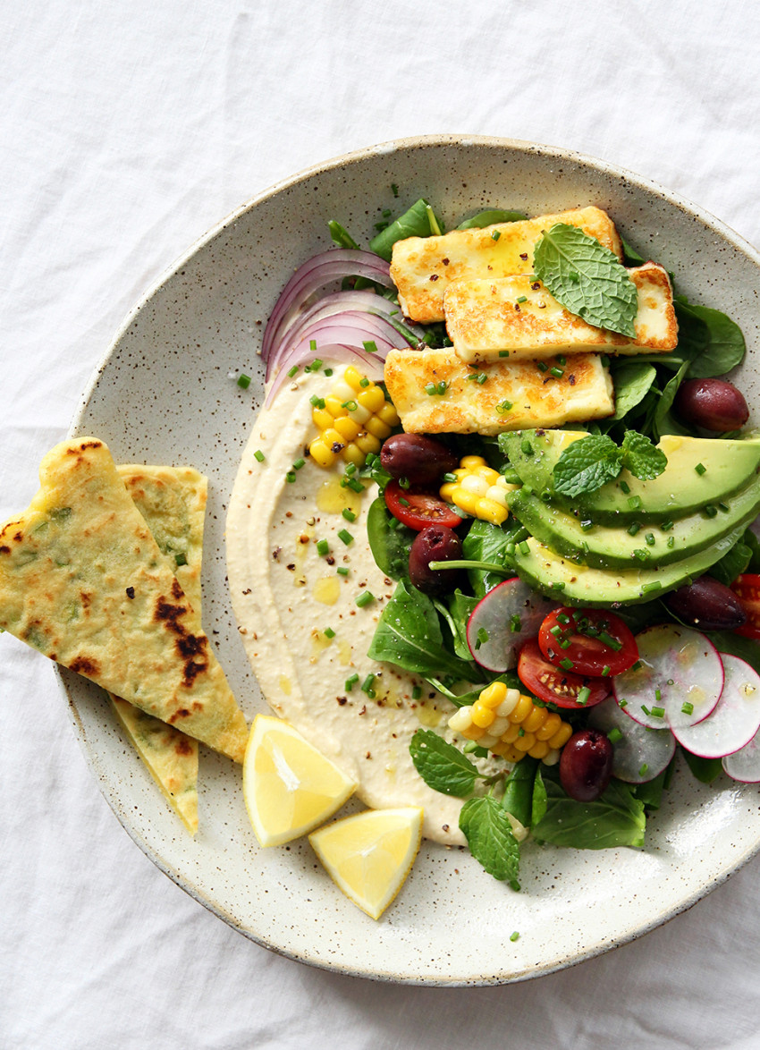 Hummus and Halloumi Salad with Spring Onion and Tapioca Flatbread