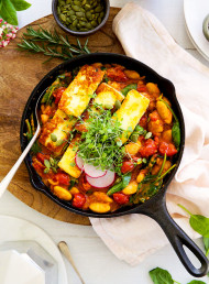 Smoky Saffron Baked Beans with Greens and Halloumi