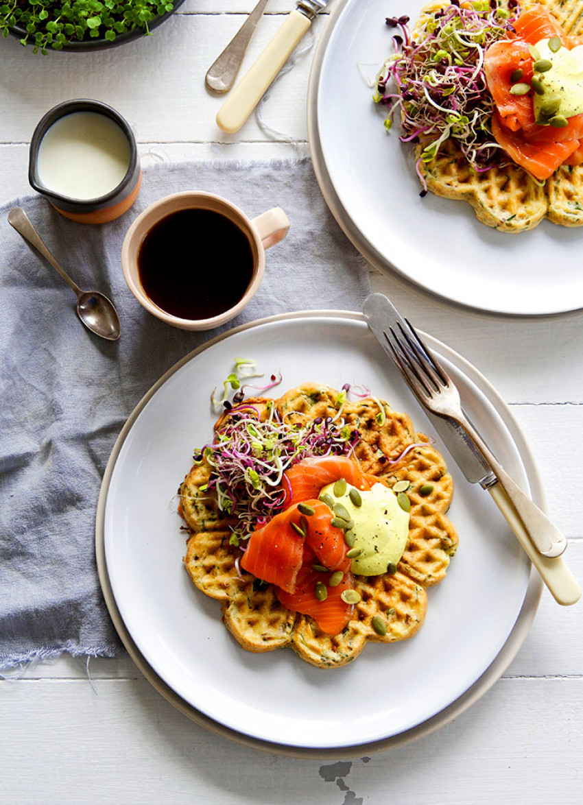 Potato and Parmesan Waffles with Salmon and Cashew Hollandaise