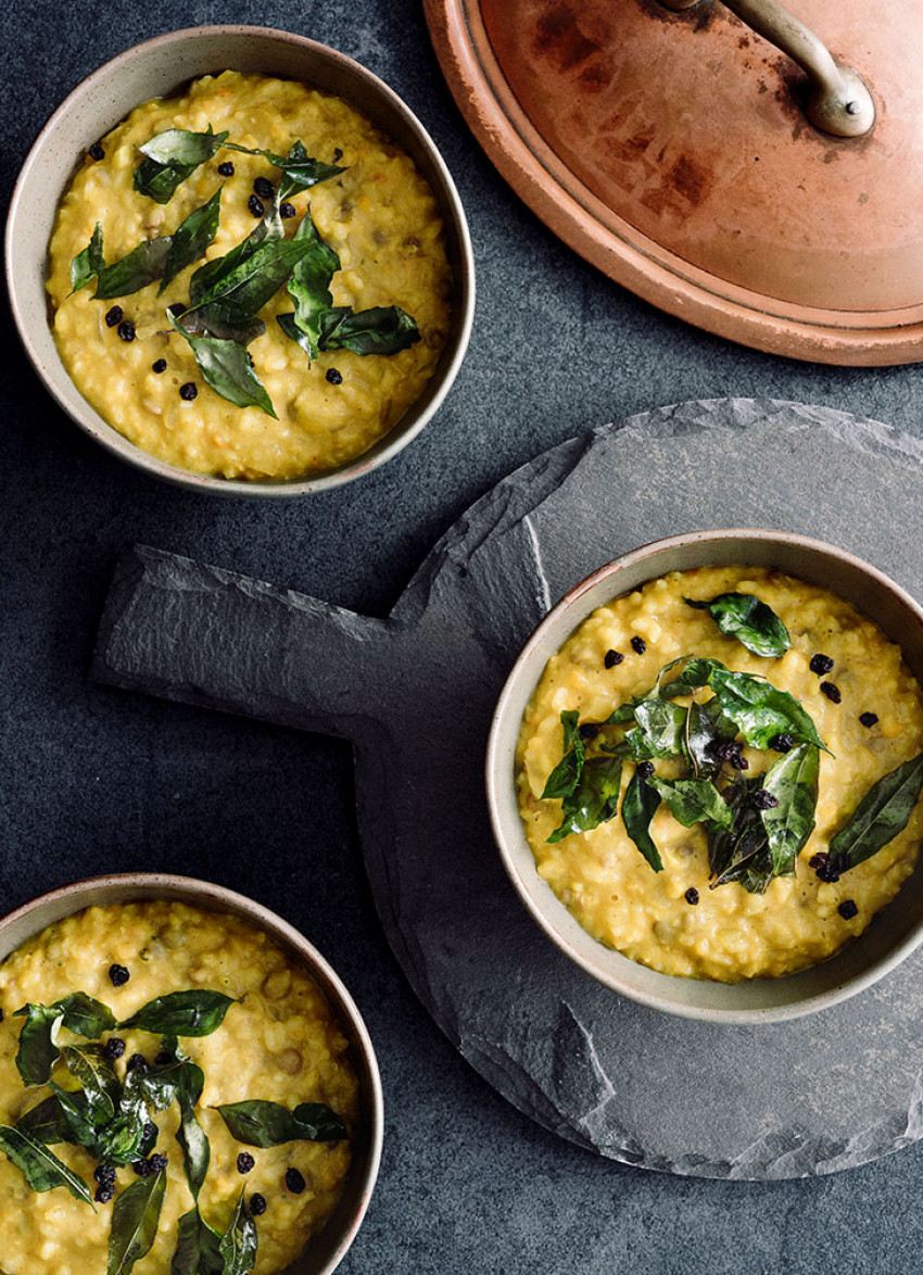 Spiced Lentil and Rice Soup with Crispy Curry Leaves