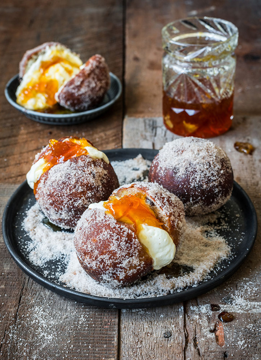 Spiced Easter Doughnuts with Vanilla Cream and Marmalade