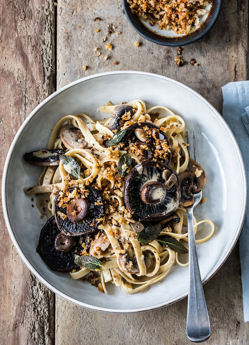 Creamy Mushroom Fettuccine with Sourdough Crumb