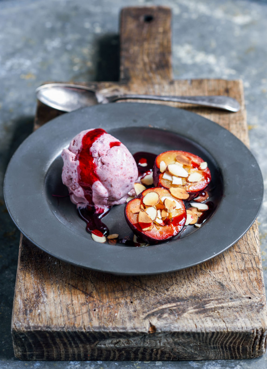 Roast Plums with No-Churn Plum Ice Cream