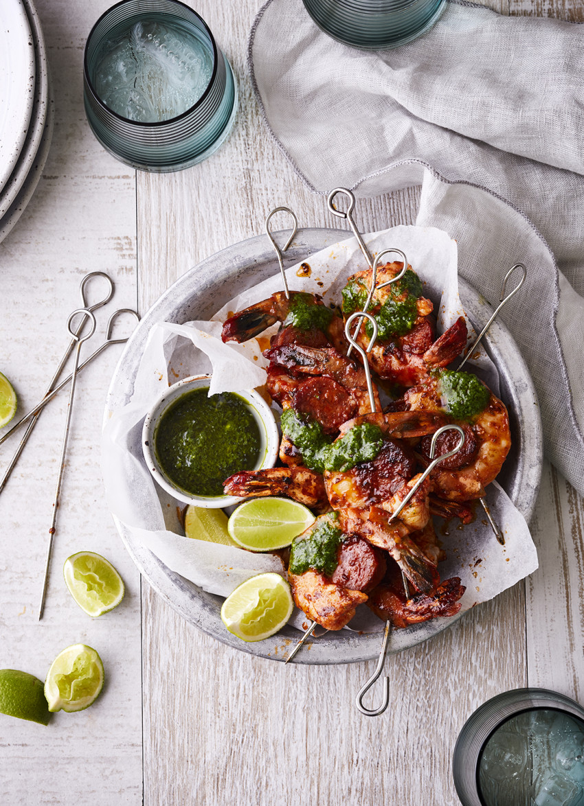 Spanish Prawns and Chorizo with Green Sauce