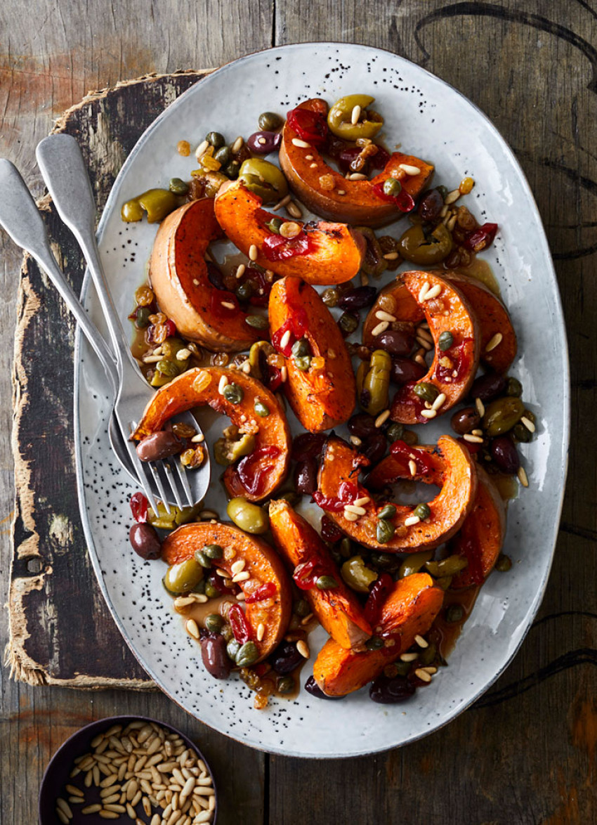 Roast Pumpkin with Mixed Olives, Chilli and Caper Agrodolce