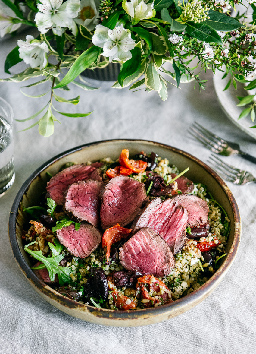 Quick Roasted Silver Fern Farms Beef Eye Fillet Steaks with a Warm Winter Freekeh Salad