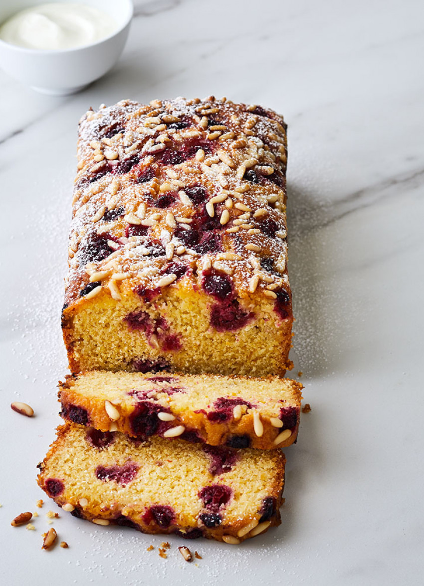 Raspberry, Polenta and Orange Loaf with Pine Nuts