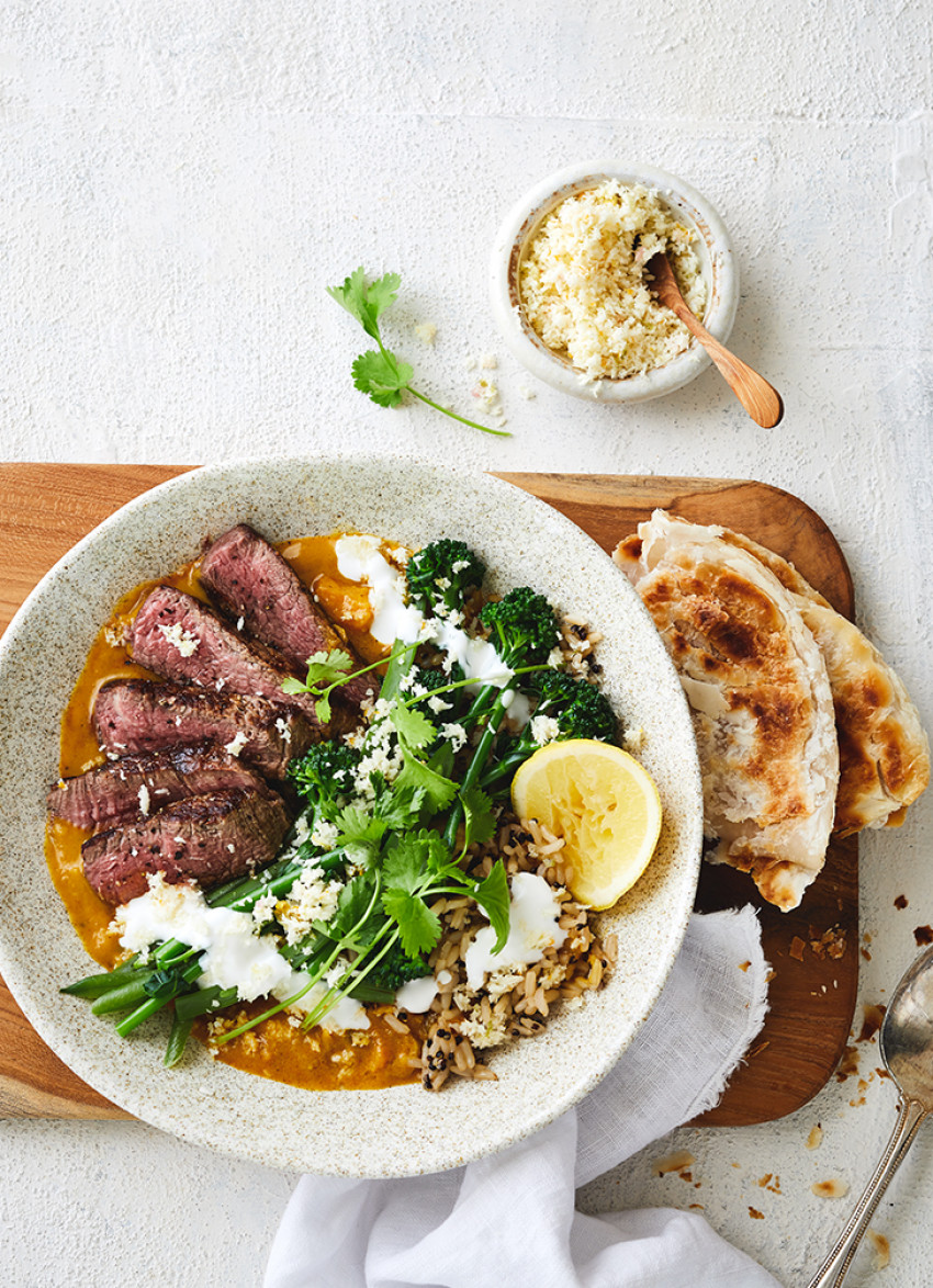 Sweet Potato and Coconut Curry with Silver Fern Farms Eye Fillet Steak