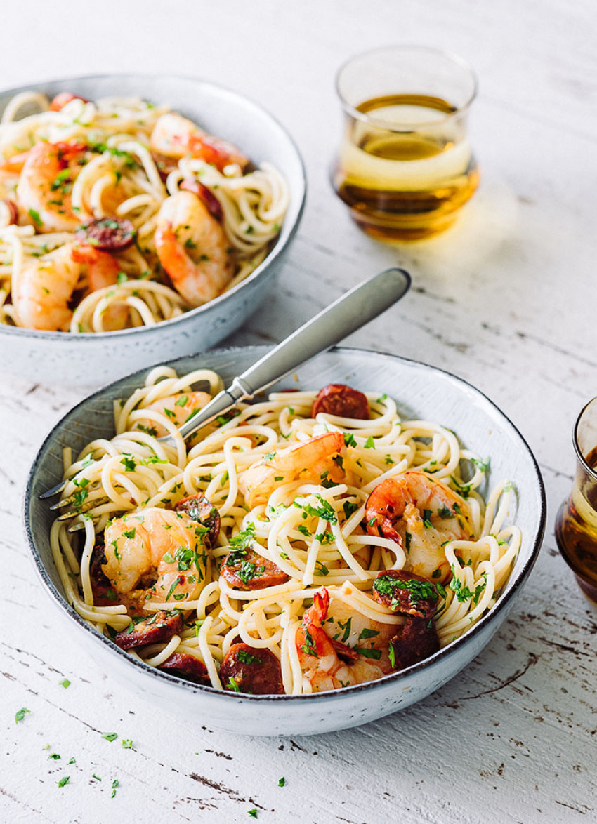 Spaghetti with Prawns, Chorizo, Lemon and Chilli