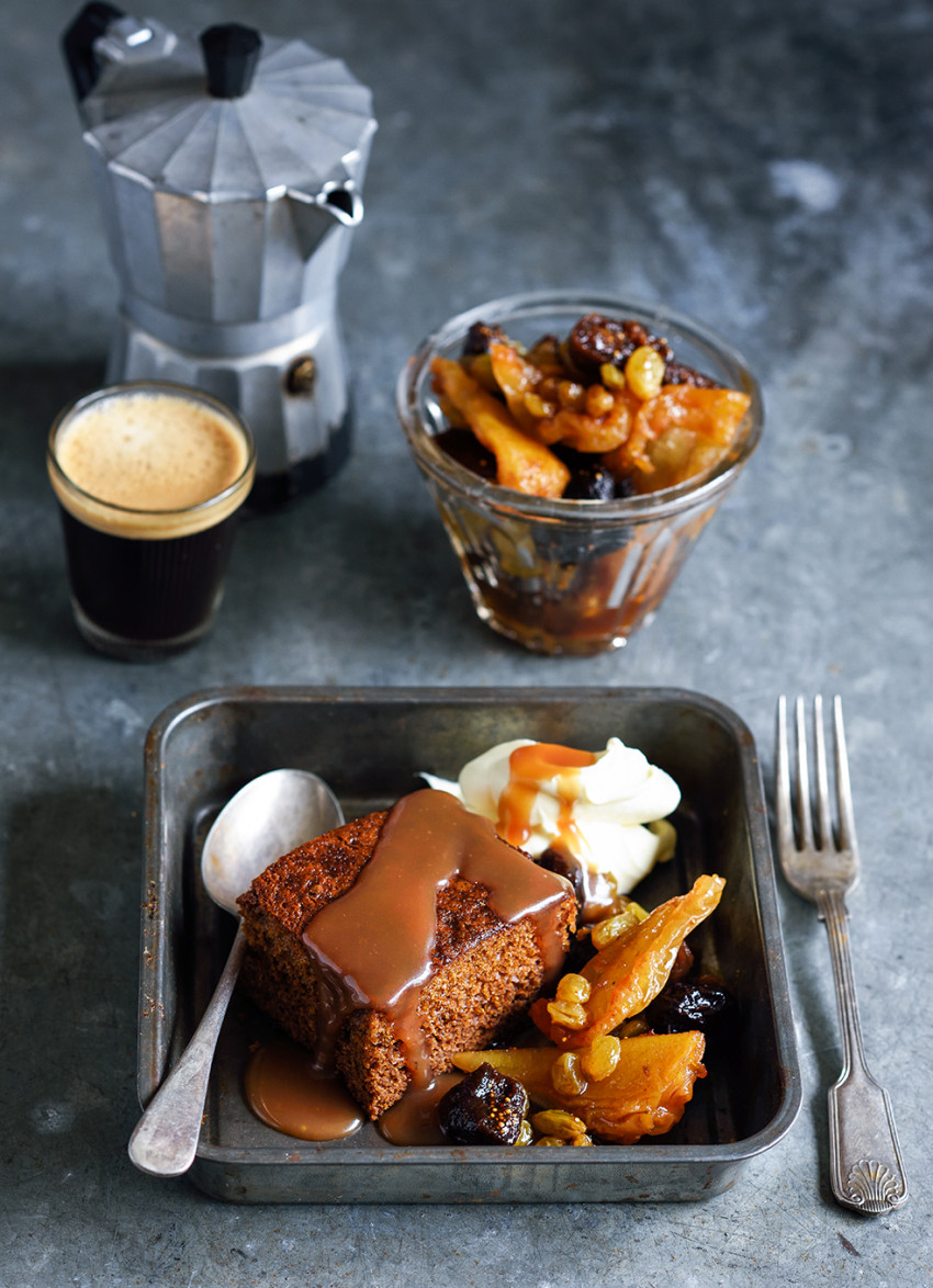 Spiced Gingerbread with Dried Fruit Compote, Salted Caramel Sauce and ...