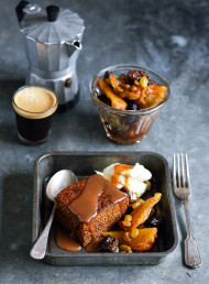 Spiced Gingerbread with Dried Fruit Compote, Salted Caramel Sauce and Mascarpone
