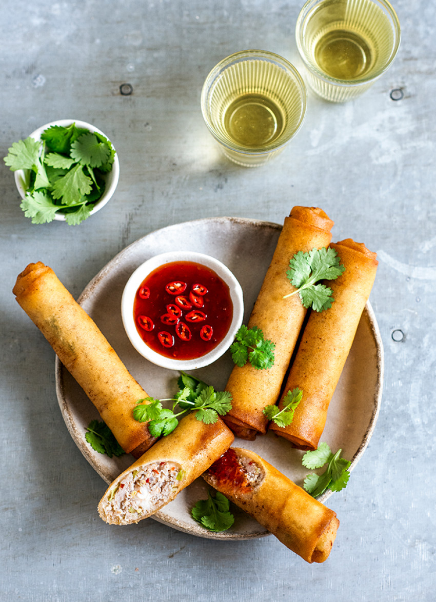Fried Pork and Prawn Spring Rolls with Chilli Sauce