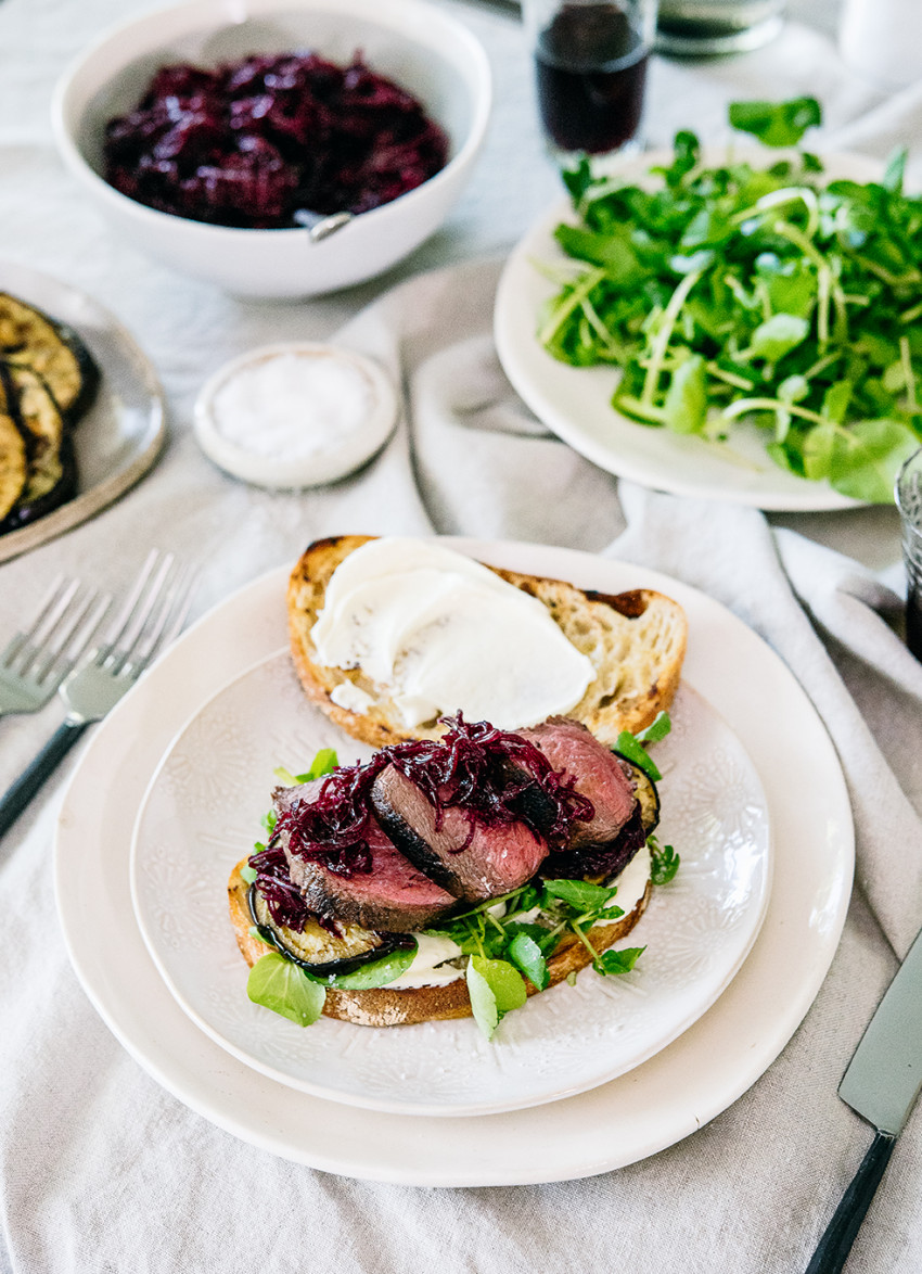 Venison Roast Sandwiches with Feta, Grilled Eggplant and Beetroot Relish