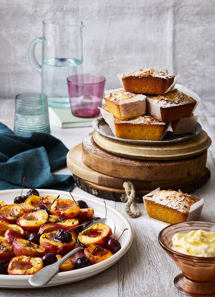 Coconut and Almond Cakes with Honey and Thyme Roasted Stone Fruits 