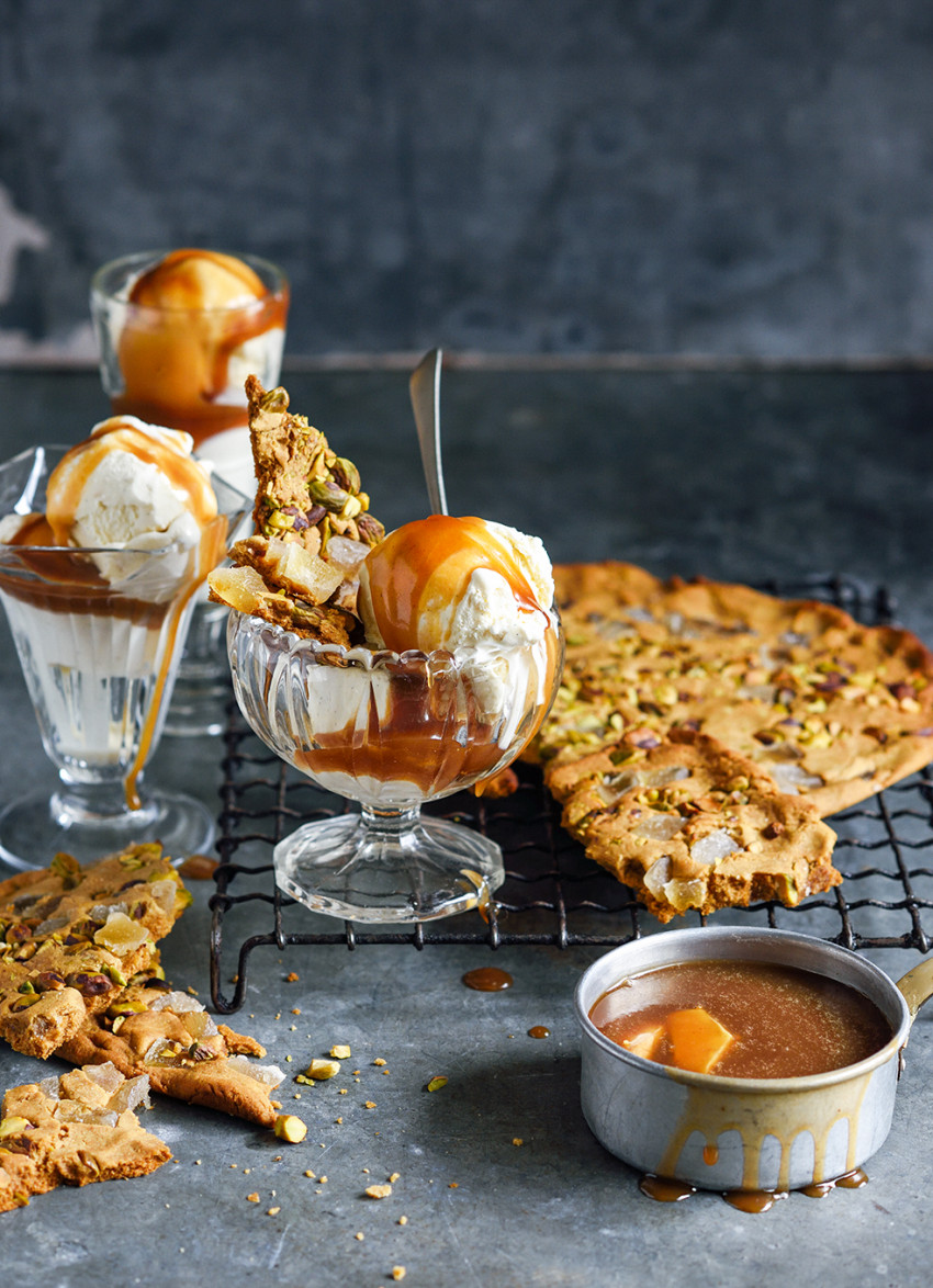 Ice Cream Sundae with Crumbled Ginger and Pistachio Biscuit and Ginger Caramel Sauce