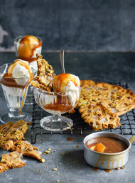 Ice Cream Sundae with Crumbled Ginger and Pistachio Biscuit and Ginger Caramel Sauce