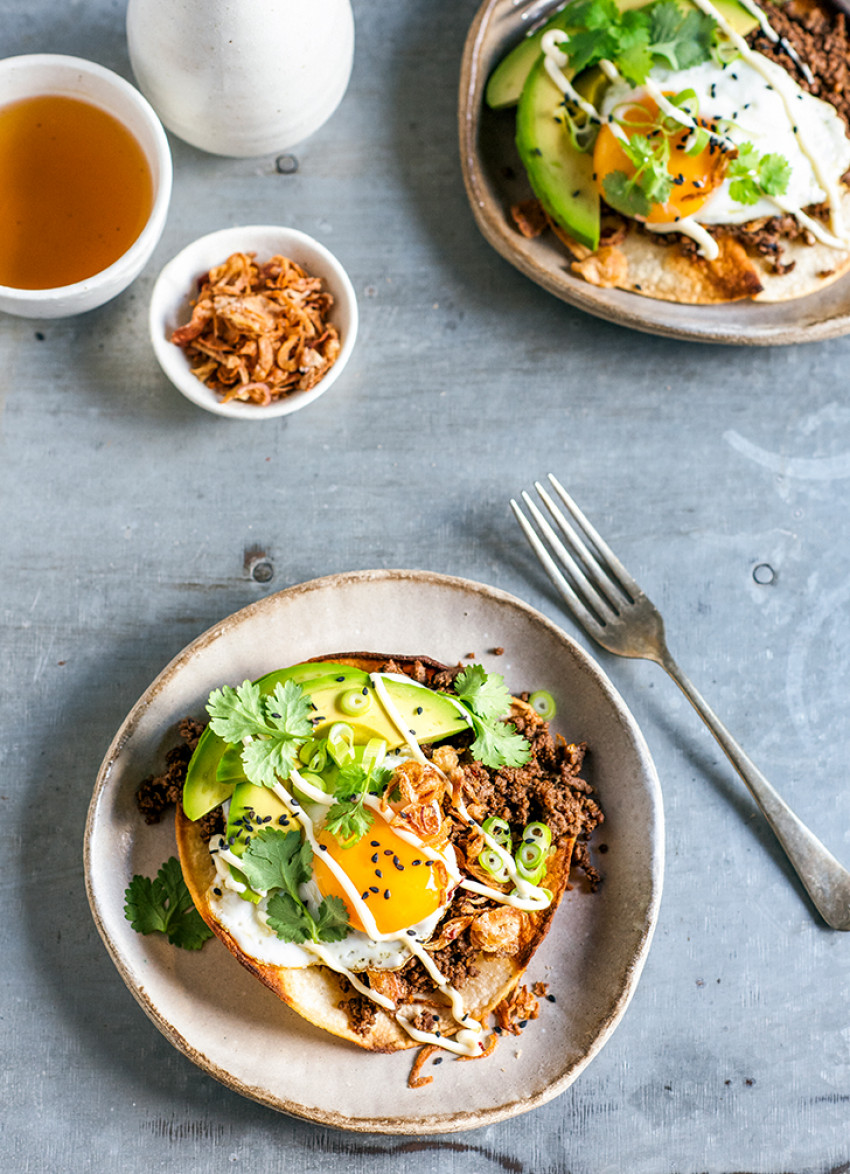 Black Bean, Soy and Beef Tostadas with Egg and Avocado