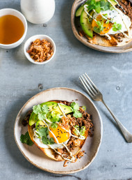 Black Bean, Soy and Beef Tostadas with Egg and Avocado