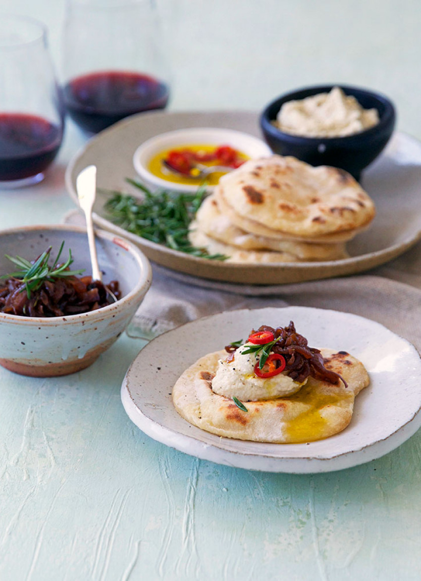 Vegan Flatbreads with Cashew Ricotta, Slow-Cooked Red Onion and Chilli Oil