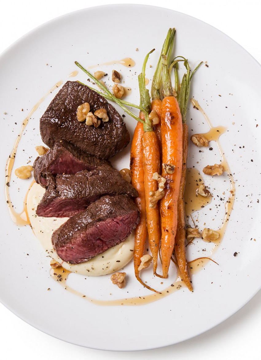 Venison Medallions with Parsnip Cream, Baby Carrots, Walnuts and Maple Syrup 