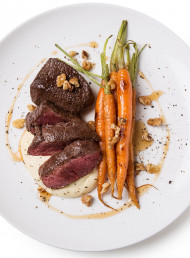Venison Medallions with Parsnip Cream, Baby Carrots, Walnuts and Maple Syrup 