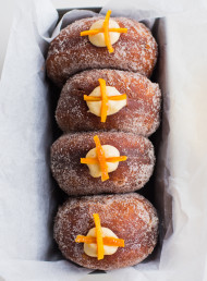 Hot Cross Doughnuts with Spiced Custard and Candied Orange Peel