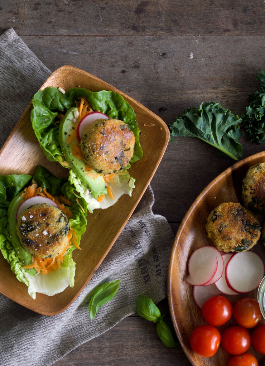 Quinoa, Kale and Basil Burgers in Cos Leaves