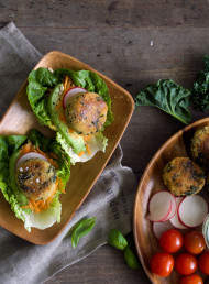 Quinoa, Kale and Basil Burgers in Cos Leaves