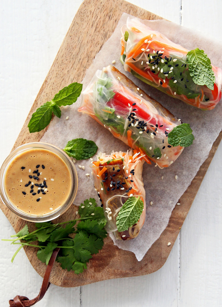 Spicy Tempeh and Herb Summer Rolls with Peanut Sauce