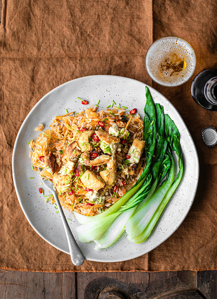 Kimchi Rice with Honey Miso Torn Tofu 