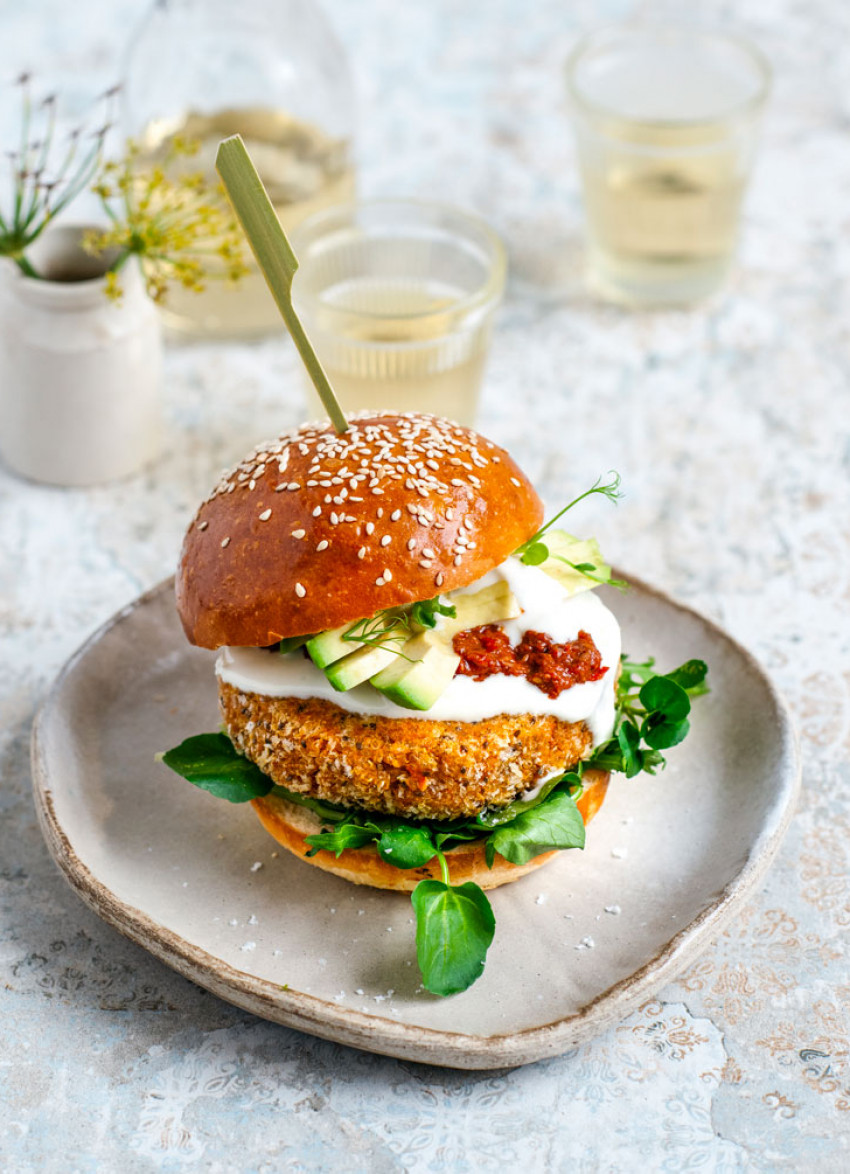 Kumara and Quinoa Burgers with Avocado, Herb Salad and Harissa Yoghurt Mayo