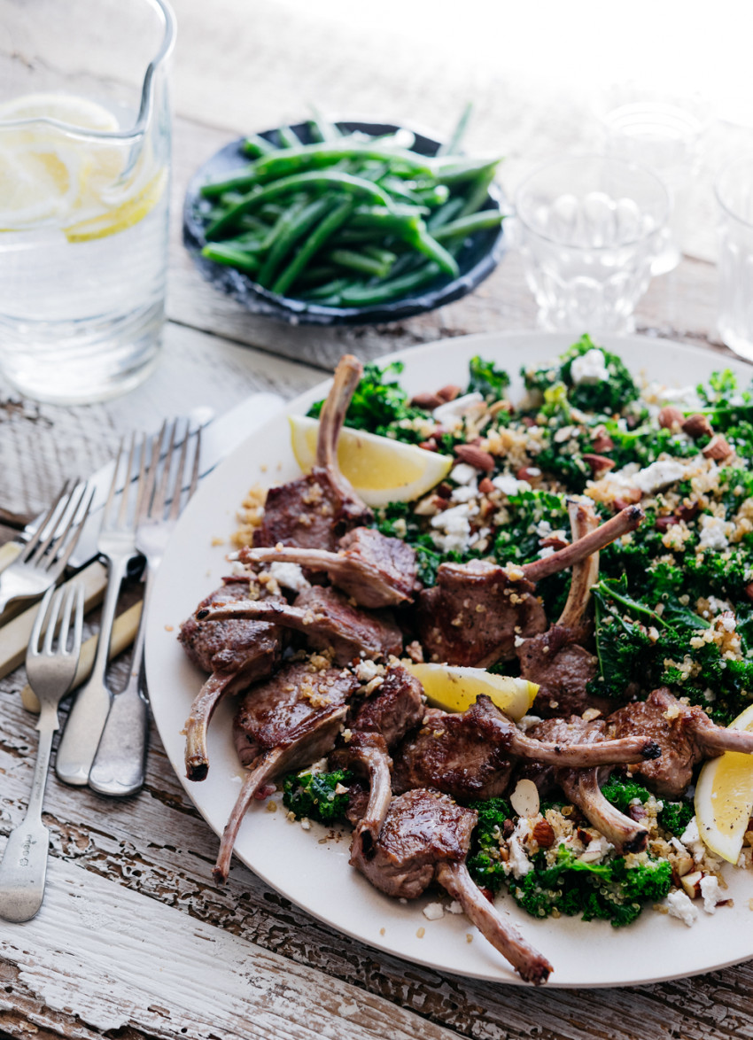 Lamb Cutlets with Seared Kale, Quinoa, Almonds and Feta Salad