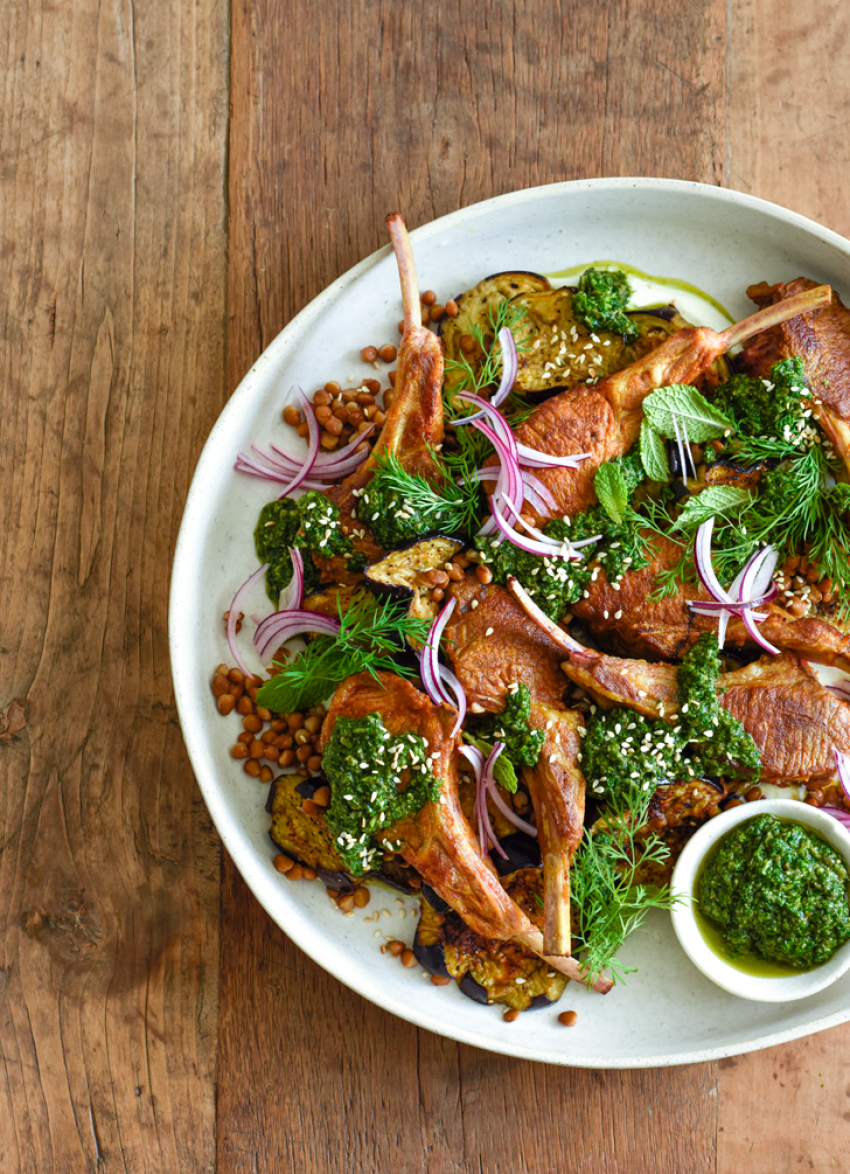 Lamb Cutlets with Lentils, Eggplant and Fresh Herb Relish