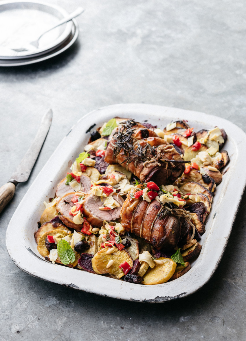 Boned Lamb Shortloins with Artichoke, Capsicum and Mint Salsa