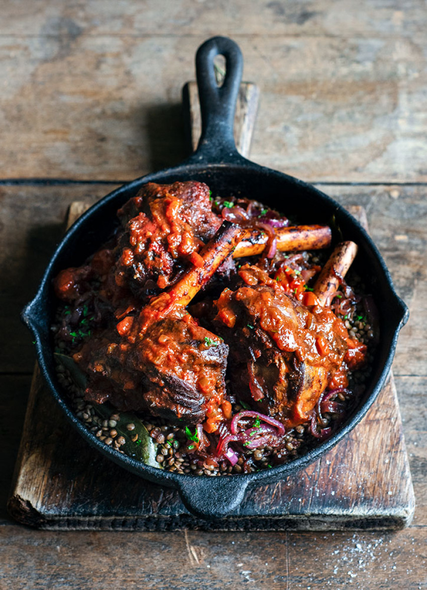 Red Wine Braised Lamb Shanks with Lentils