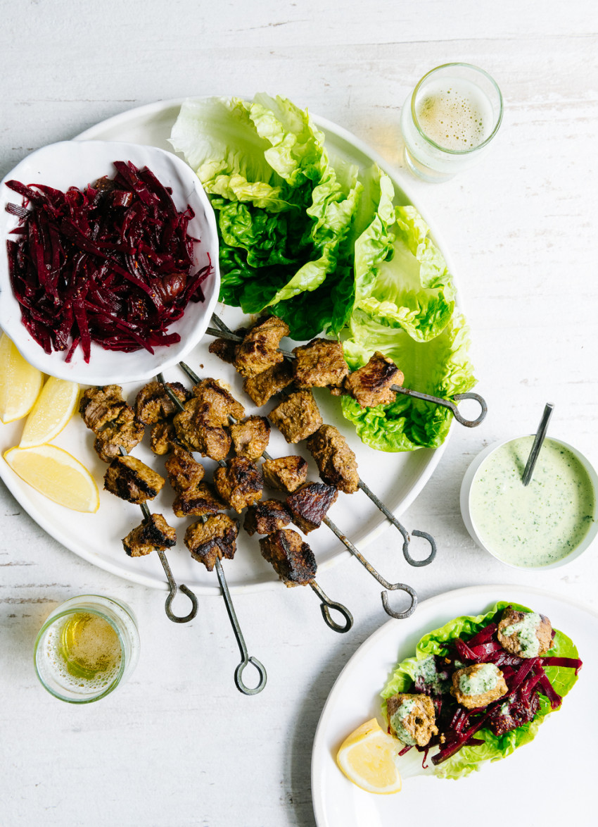 Lamb Kebabs with Raw Beetroot Salad and Mint Dressing