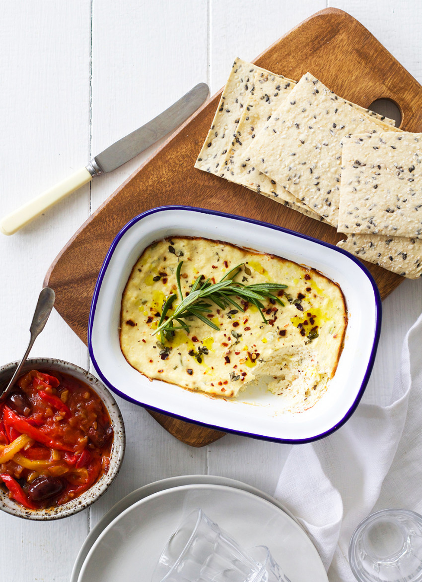 Herb and Chilli Baked Ricotta with Preserved Lemon Pepperonata