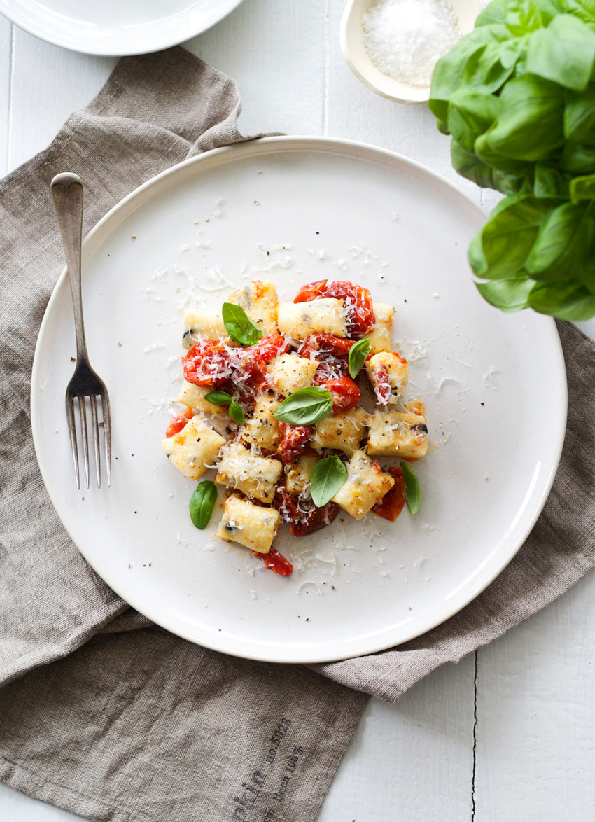 Ricotta and Black Olive Gnocchi with Blistered Cherry Tomatoes and Basil