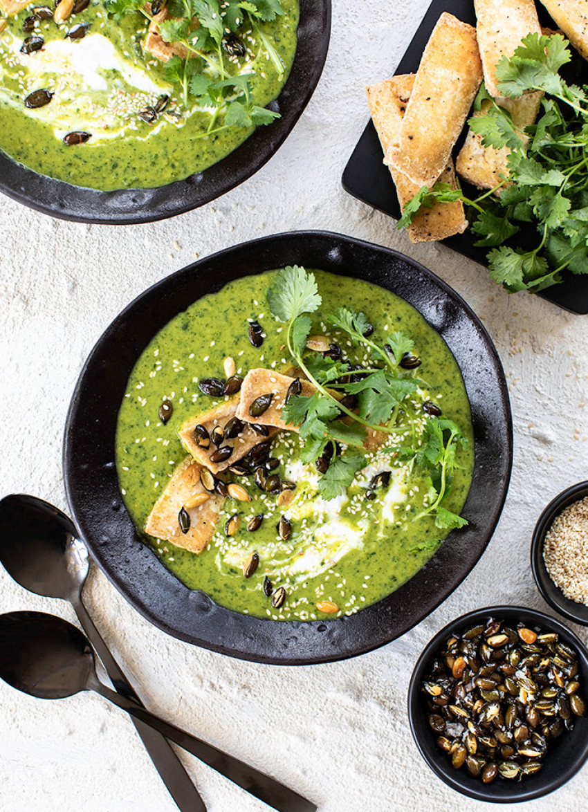 Leek and Pea Soup with Crispy Tofu