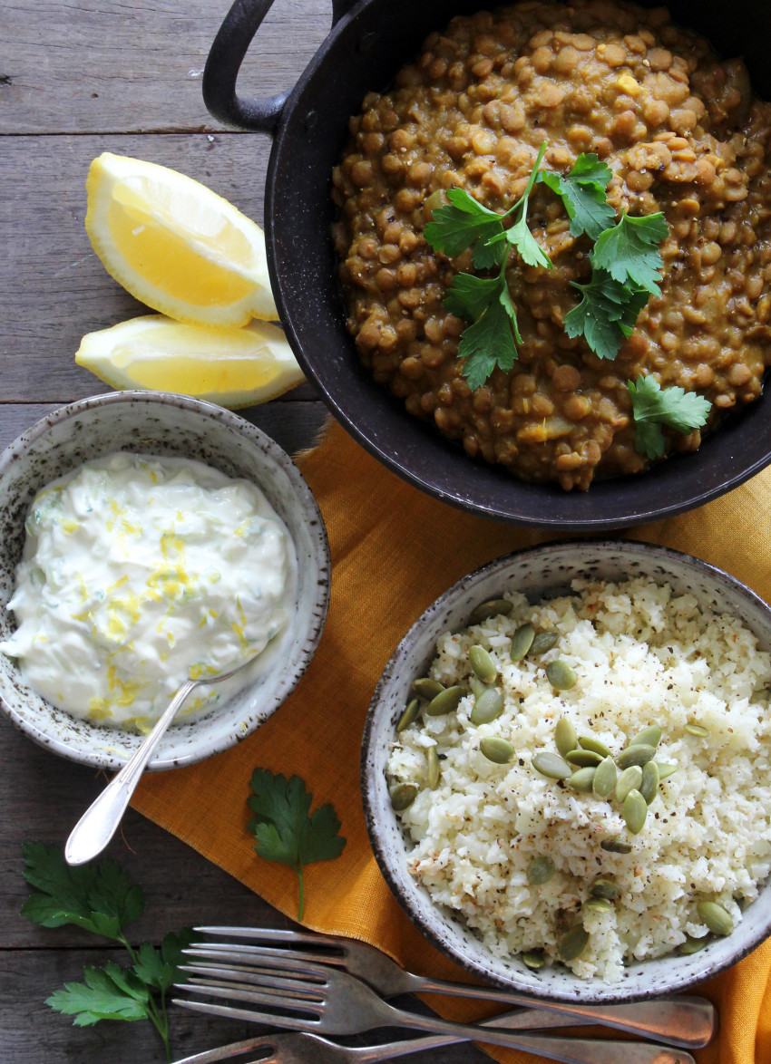 Coconut Turmeric Lentils with Cauli Rice and Lemon Cucumber Yoghurt