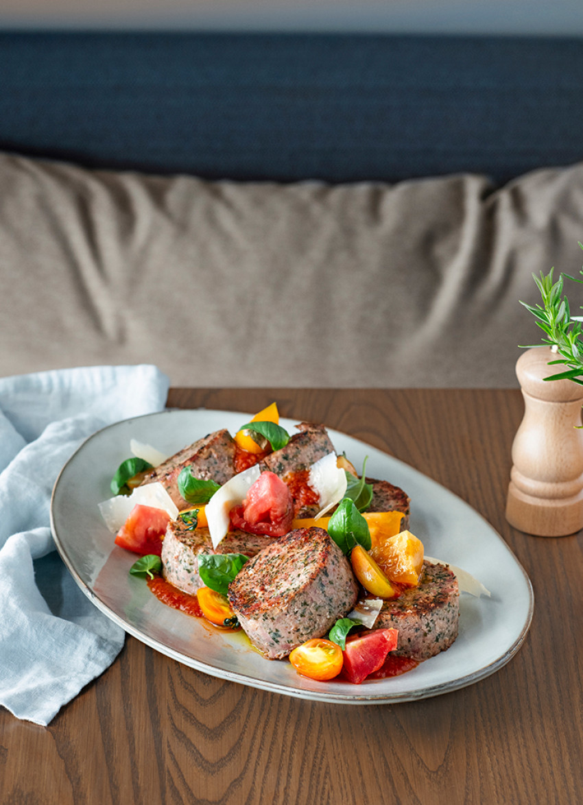 Meatloaf with Heirloom Tomatoes and Basil