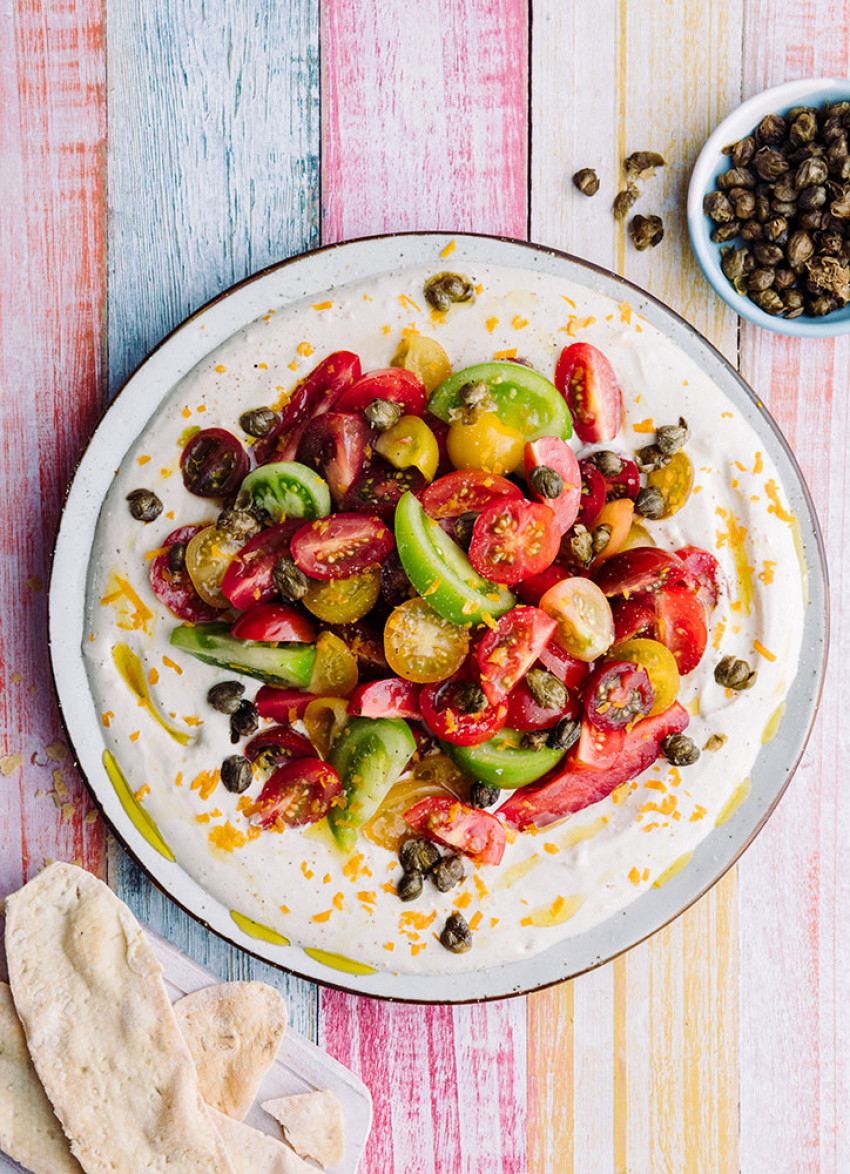 Mixed Tomato Salad with Tahini Yoghurt and Crisp Capers