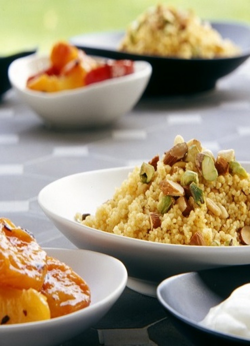 Moroccan Breakfast Couscous with Saffron Fruits and Yoghurt