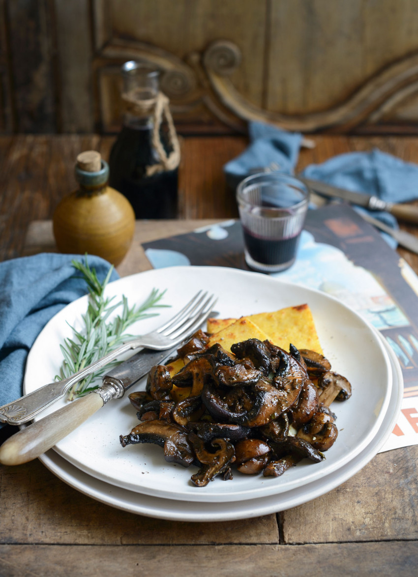 Fried Polenta with Creamy Mixed Mushrooms